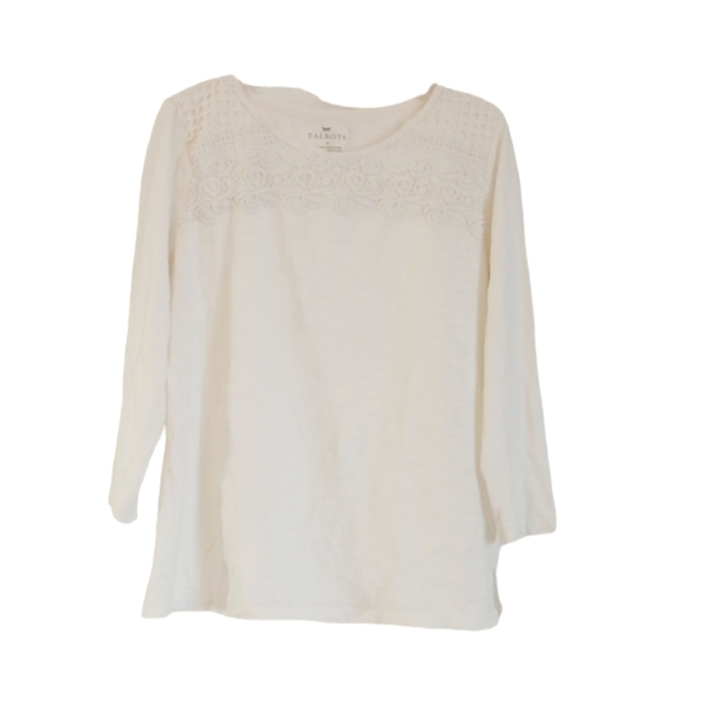 Talbots Womens Blouse Sz M Cream 100% Cotton 3/4 Sleeves Lace Detail Spring Cute